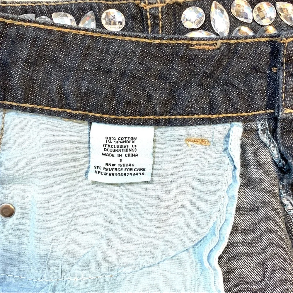 Wallflower Denim Mini Skirt Size 1 Dark Wash Rhinestone Waistband Jean Skirt